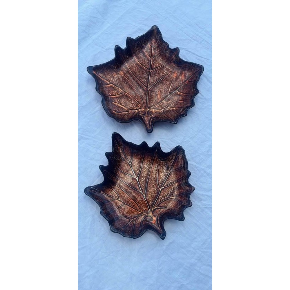 Set of 2 Copper Bronze Glass Leaf Bowls Autumn Fall Decorative Trays 10" & 8.5"
